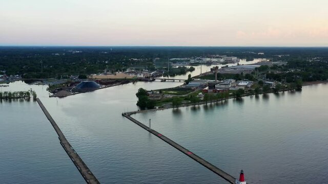 Aerial view of the river and the city in Menominee, Mi