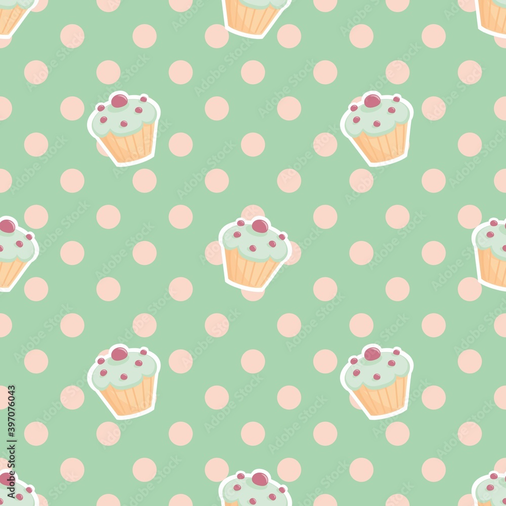 Poster tile vector pattern with cupcakes and polka dots on mint green background