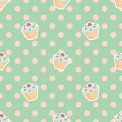 Tile vector pattern with cupcakes and polka dots on mint green background