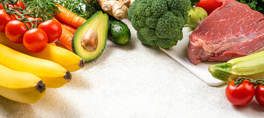 Healthy food background. Selection of various mediterranean diet products for healthy eating. Assortment of healthy food ingredients for cooking. Balanced, keto diet, healthy meal concept. Copy space