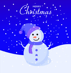 Card with Christmas snowmen and snowfall. Vector flat illustration