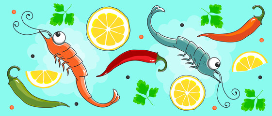 Green and red shrimps with lemons, parsley and hot spices on a blue background. Seafood banner concept. Vector, illustration