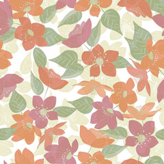 Vector Flowers in Red Orange Pink with Green Leaves Scattered on Yellow White Background Seamless Repeat Pattern. Background for textiles, cards, manufacturing, wallpapers, print, gift wrap and