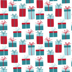 Seamless pattern with gift boxes with bows. Gift for Birthday, Christmas, New Year. Illustration for greeting cards, invitations, posters, wrapping paper, fabric