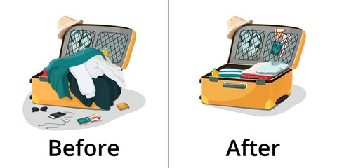 Vector illustration. Before and after packing things in travel suitcase.
A pile of clothes, scattered objects. Neat packing of luggage.