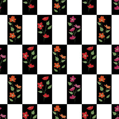 Vector Flowers in Red Orange Pink with Green Leaves on Black White Rectangles Seamless Repeat Pattern. Background for textiles, cards, manufacturing, wallpapers, print, gift wrap and scrapbooking.