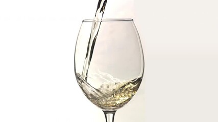 Young white wine pouring into wine glass close up slow motion isolated white background - Powered by Adobe