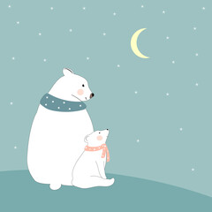 Cute Polar bear Mommy and child looking at crescent moon and star,Happy family Dad bear and cub siting together,Greeting card for Baby shower, kid birthday,Mother day or Father day