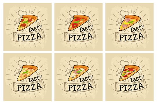 Set slice pizza Pepperoni, Hawaiian, Margherita, Mexican, Seafood, Capricciosa. Flat icon