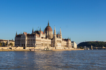 Hungarian National Parliament Building on the bank of the Danube river in Budapest, capital of Hungary. 
Hungarian landmark and a popular tourist destination in Budapest. Designed in neo-Gothic style