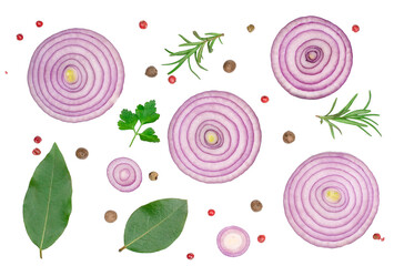 Sliced red onion with rosemary and peppercorns isolated on white background. Top view.