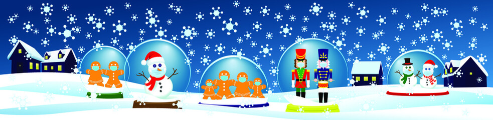 Cute holiday scene of snowmen, gingerbread men and nutcrackers wearing surgical face masks inside snow globe social bubbles surrounded a blizzard of coronavirus molecules 