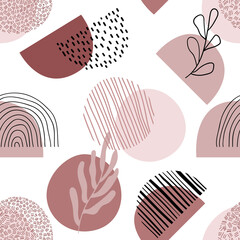 Abstract seamless pattern in trendy style with botanical and geometric elements, textures. Natural earthy colors. 