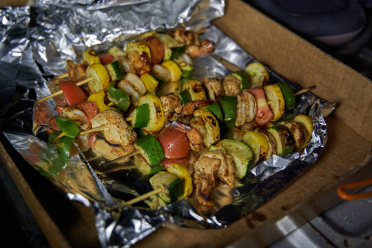 Fresh healthy kabobs roasted on campfire