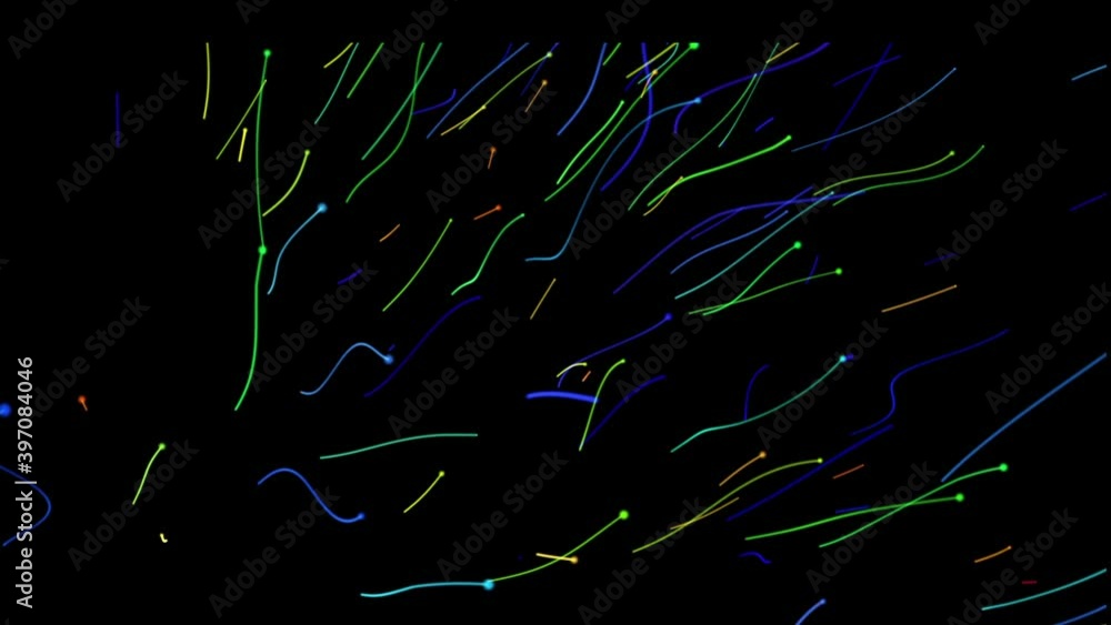 Poster abstract black background of movement of particles in the form of blue, green, red, yellow flexible 