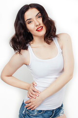 young pretty stylish hipster girl posing emotional isolated on white background happy smiling cool smile, lifestyle people concept