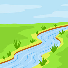 River. Natural landscape. Blue pond with water. Place for recreation and fishing. Summer landscape and green grass. Flat cartoon illustration