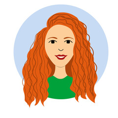 Portrait of beautiful young woman with curly red hair. Beautiful women face vector illustration. Happy cheerful young woman.