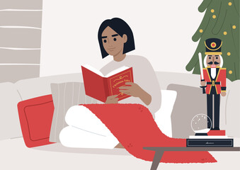 A young female character reading a fairy tale Christmas book on a sofa, winter holidays, cozy interior
