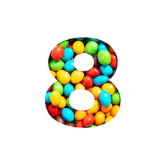 Number eight of colourful candies and paper cut in shape of eighth numeral isolated on white. Festive tasty typeface