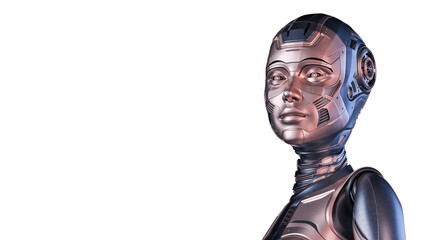 Detailed futuristic robot woman or  metallic humanoid cyborg looking left. Upper body isolated on white background with free copy space for text. 3d render