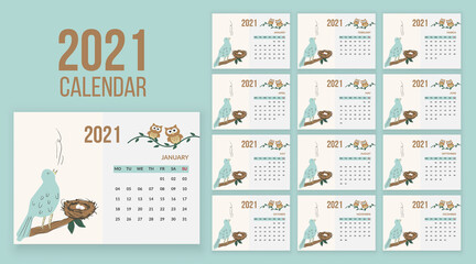 Bird illustrated desk 12 page calendar for 2021