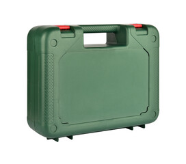 Carrying Case for Drill. Plastic green case isolated on white background. Hard plastic carry case....