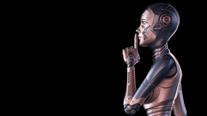 Fototapeta na wymiar 3d render of a very detailed robot woman or futuristic cyber girl touching her lips with forefinger or asking you to keep silence, side view with copy text space, isolated on black background
