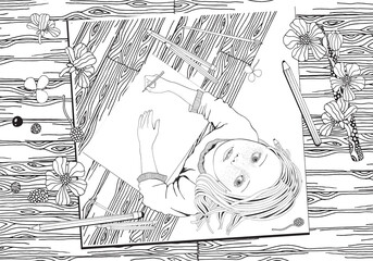Artist. Cute girl. Blank sheet. Mood. Black and white hand-drawn illustration.