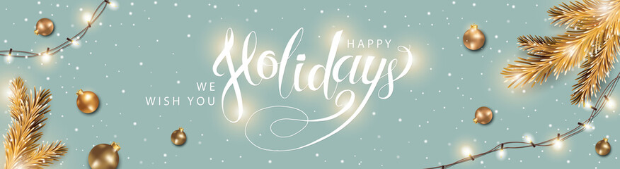Holiday Christmas Background. Gold Christmas Ornament on blue backdrop. Holiday Lights Garland. Happy Holiday lettering calligraphy