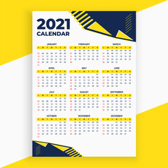 Modern colorful one page 2021 new year calendar