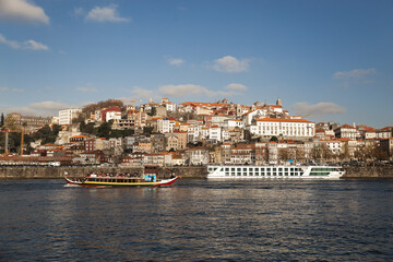 Porto Portugal Douru river view from the other side  sunny day blue sky with white clouds