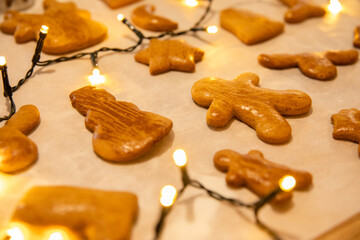 Christmas bakery. Festive food, cooking process, family culinary, Christmas and New Year traditions concept. Woman hands holding homemade gingerbread cookies