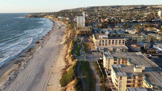 Aerial over Pacific Beach and condos apartments and buildings in San Diego, California.
