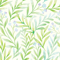 Seamless colorful floral pattern. Botanical illustration with leaves and flowers. Hand-drawn digital painting background for fabric, wallpaper, invitation, etc.