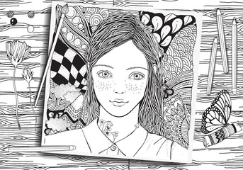 Young beautiful girl and flowers. Doodle mounts and sand sun. Summer. Adult coloring book page. Black and white.