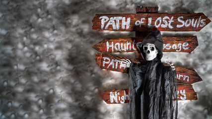 
Death arranged in front of wooden signs indicating different paths, all on a dark halloween background