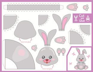 Cut and glue the paper cartoon bunny. Kids craft page. Diy the toys rabbit. Children art game. Finger puppets. Vector illustration.