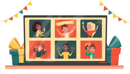 Online virtual house party. Diverse people dancing and chatting celebrating the holiday on via video call. Friends meeting up online. Vector cartoon flat illustration 