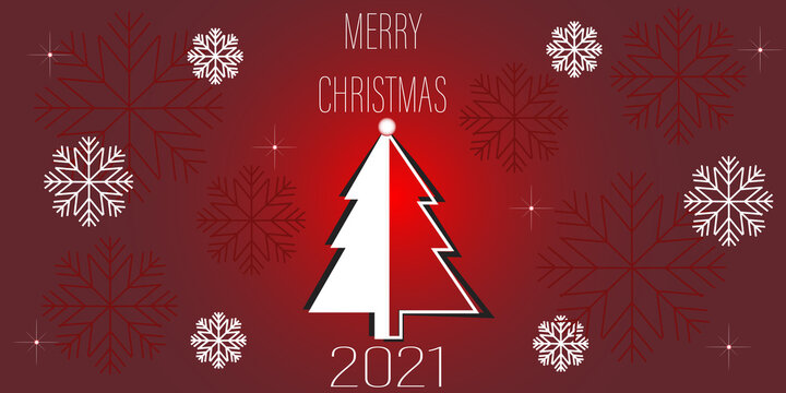 Red background with the inscription Merry Christmas 2021. Layout of snowflakes and fir trees with shadow. Vector illustration.