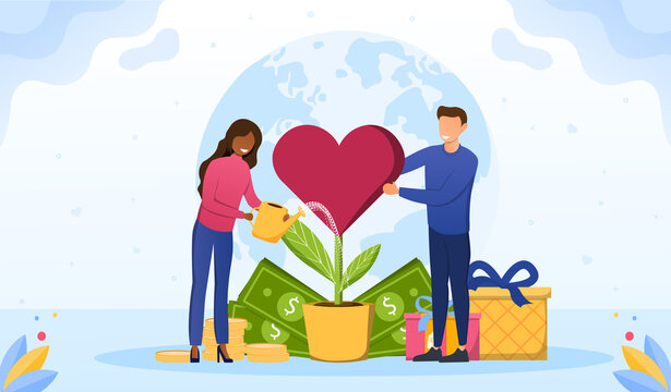 Philanthropy abstract concept. Voluntary charity persons. Symbolic love, humanity as nonprofit social teamwork. Support contribution, gifts and abstract public improvement. Vector illustration
