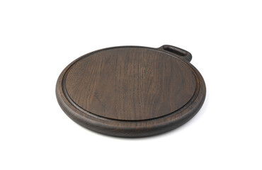 Wooden round cutting Board made of oak material, painted in a dark brown color, isolated on a white background. The concept of cooking.