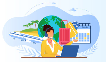 Touristic service with travel company manager. Airline call center manager wearing headset, using laptop, consulting customers. Choosing vacation tour concept. Vector illustration
