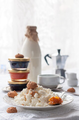 Cottage Cheese with Jam and Biscuits. Dairy Products and Farm Preserves