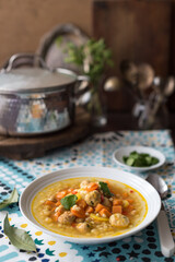 Moroccan Chicken Meatball Soup with Sweet Potato and Chickpea