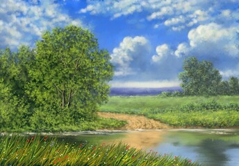 Fototapeta na wymiar Paintings rural landscape, fine art, landscape with river and trees