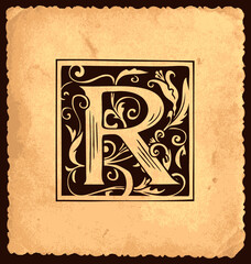 Black initial letter R with Baroque decorations on an old paper background in vintage style. Beautiful filigree capital letter R suitable for monogram, invitation, greeting card, emblem, logo
