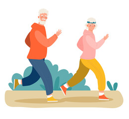 Elderly people man and woman running together. Outdoor activity for retired people, healthy lifestyle. Cartoon vector illustration isolated on white background