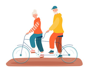 Elderly people man and woman riding bicycle. Outdoor activity for retired people, healthy lifestyle. Cartoon vector illustration isolated on white background