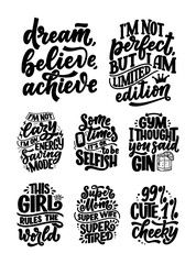 Fototapeta premium Set with funny hand drawn lettering compositions. Cool phrases for print and poster design. Inspirational feminism slogans. Girl power quotes. Greeting card template. Vector
